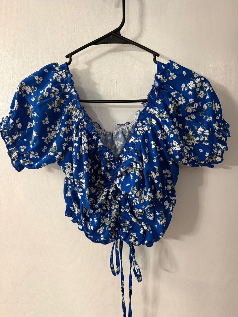 Blue Floral Puff-Sleeve Crop Top - Drawstring Bust and waist.
